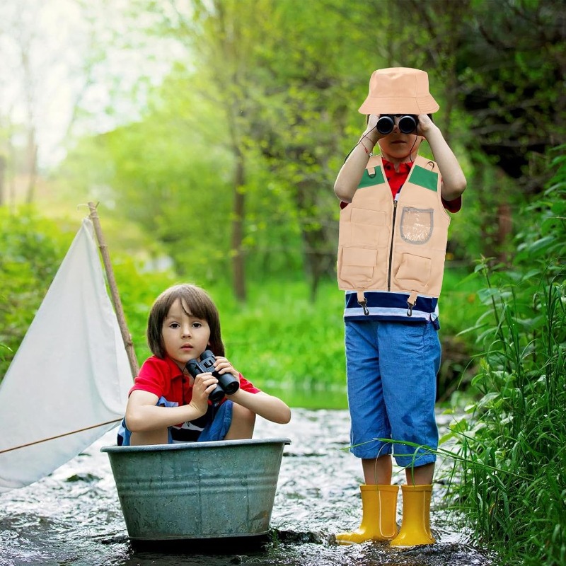 Outdoor Adventure Vest - サファリコスチューム、カーゴベストと帽子付き、男の子と女の子のための裏庭探検家ドレスアップ、公園のレンジャーごっこ遊び用アウトドアアドベンチャープレセット